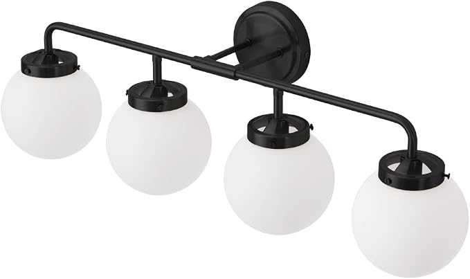 Bathroom Light Fixtures Over Mirror, 4-Light Matte Black Vanity Lighting with Milk White Glass Globe Shades Modern Wall Sconce