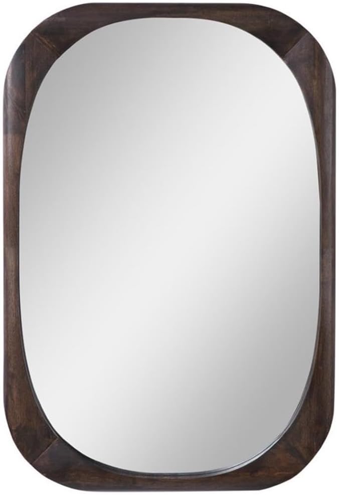 MAKLAINE Mid-Century Accent Mirror, 38" H x 26" W, Solid Rubber Wood Frame, Dark Walnut Finish, Rounded Edges, Horizontal or Vertical Hanging, Modern Wall Mirror for Living Room or Bedroom Decor