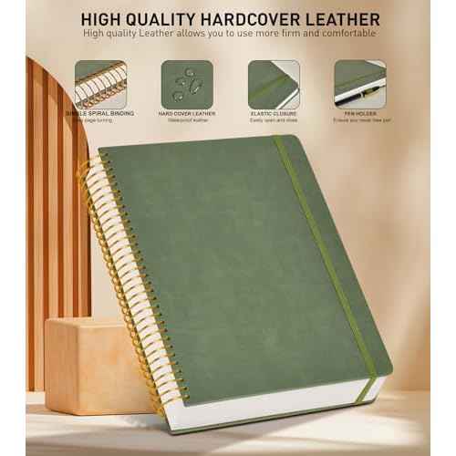 A4 Spiral Notebook Journal 8.5¡± x 11¡±, 256 Numbered Pages Hardcover Leather Journals for Women Men, Large Lined College Ruled Notebooks, 100GSM Thick Paper, Spiral Bound Journal for Work School, Green
