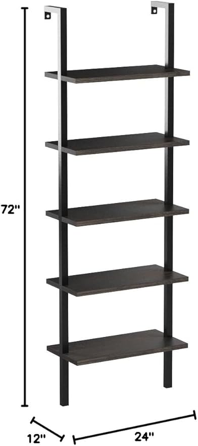 Nathan James Theo 5-Shelf Wood Modern Bookcase, Open Wall Mount Ladder Bookshelf with Industrial Metal Frame, Dark Brown Nutmeg/Black