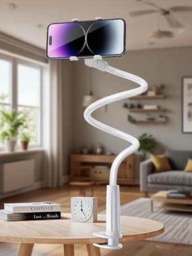 Skiennix Gooseneck Phone Holder - 360° Flexible Long Arm Stand for Bed & Desk | Universal Tablet Bracket (White)