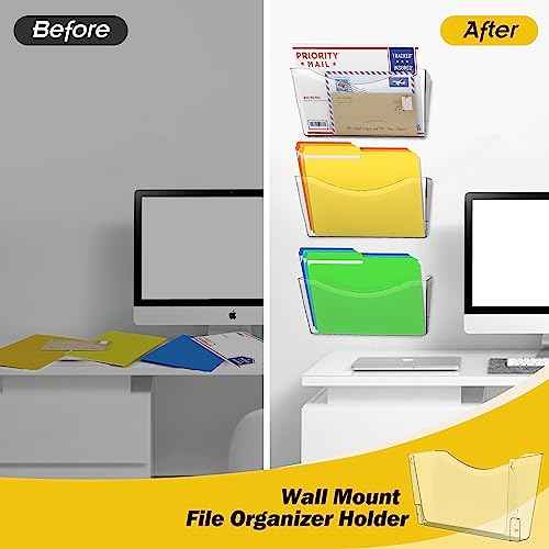 Kuntine.B 3 Pack Clear Single Pocket File Holder Hanging Wall Organizer, Wall Mount Mails Magazines Organizer for Office and Home