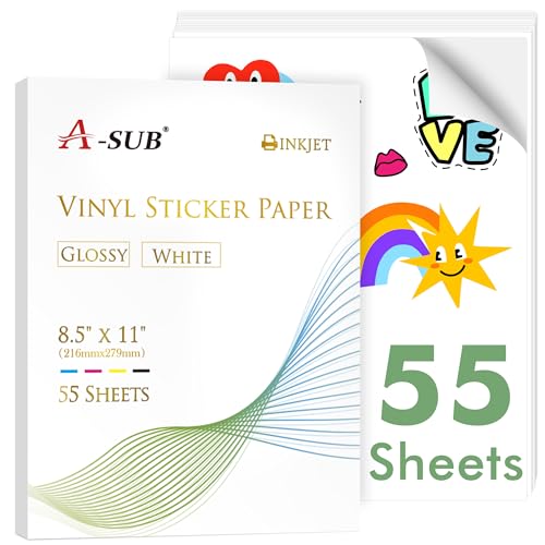 A-SUB 55 Sheets Vinyl Sticker Paper for Inkjet Printer - Glossy Printable Vinyl 8.5x11 Inch Waterproof Sticker Paper for DIY Any Decal You Like