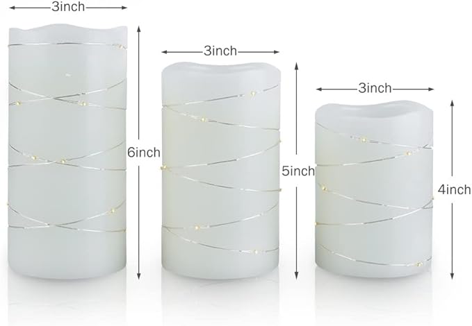 H-BLOSSOM Flickering Flameless Candles Ivory Real Wax Pillar with Embedded String Lights LED Candles Battery Operated with Cycling 5H Timer Set of 3 (3" x 4"/5"/6") (Ivory)