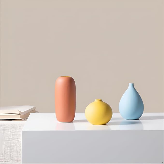 Vase Set of 3, Ceramic Matte Vases Modern Home Table Decor, for Living Room Tabletop, Bedroom, Shelf, Office Bookshelf, Entryway & Coffee Table, Creative Desktop Pieces for Minimalist