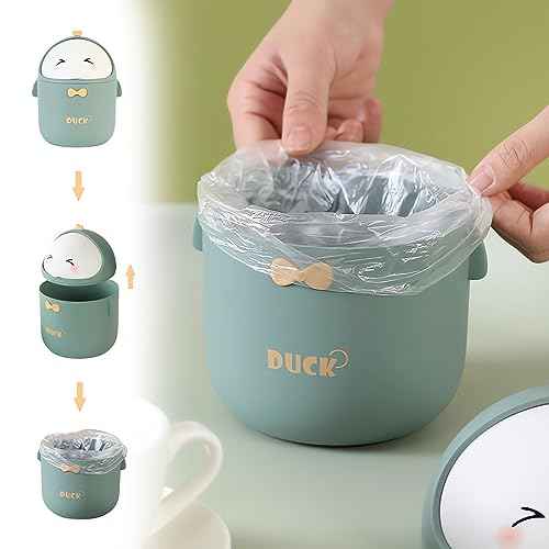Cute Desktop Trash Can Wastebasket with 90 Trash Bags, Creative Mini Countertop Garbage Can with Lid, Small Plastic Storage Bin for Home Kitchen Dressing Office Kids Bedroom(Green)