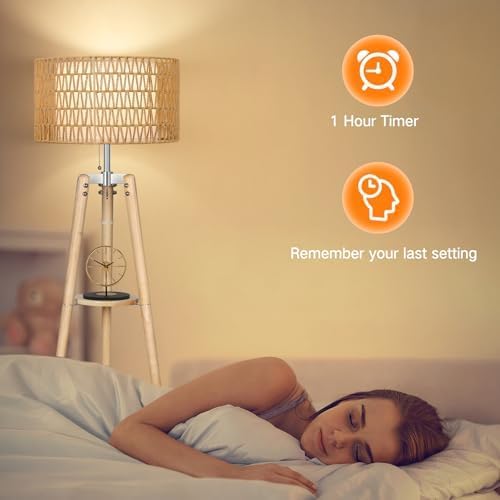 OUTON Boho Rattan Tripod Floor Lamp with Shelves, Dimmable Mid Century Modern Standing Lamp with Remote Control,Wood Tall Floor Lamps for Living Room Bedroom Office Farmhouse Bulb Included