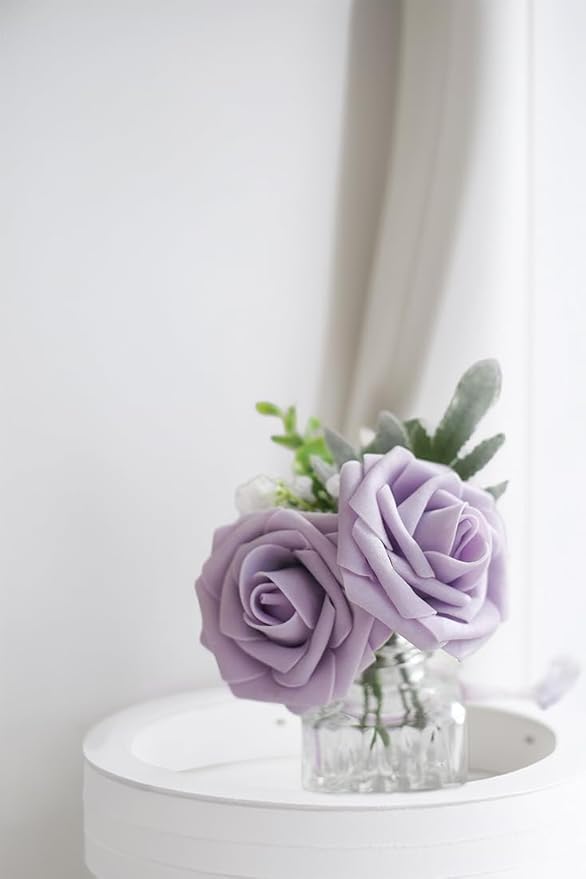 Purple Artificial Roses 25pcs, Real Looking Fake Foam Flowers with Stems for DIY Wedding Bouquets, Centerpieces, Bridal Shower, Party, Valentine's Day Decoration