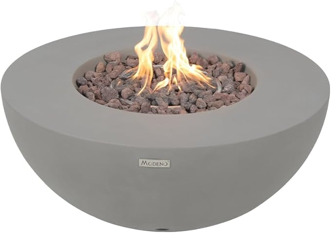 Modeno Roca Outdoor Fire Pit Propane Table 34 Inches Round Firepit Concrete Patio Heater Electronic Ignition Backyard Fireplace Cover Lava Rock Included Liquid Propane