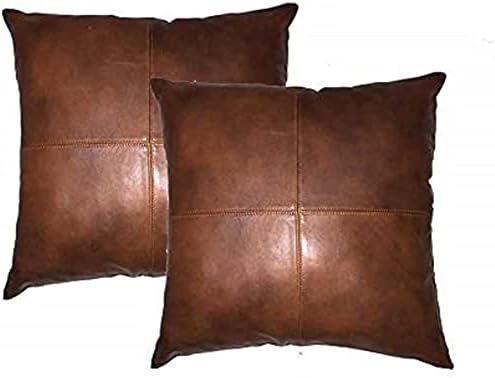 D DOLLY LAMB Lambskin Leather Pillow Cover - Sofa Cushion Case - Decorative Throw Covers for Living Room & Bedroom, 16x16 Inches - Tan Antique Pack of 2