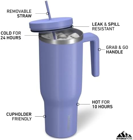 Hydrapeak Voyager 40 oz Tumbler with Handle and Straw Lid | Reusable Stainless Steel Water Bottle Travel Mug Cupholder Friendly | Insulated Cup (Iris)