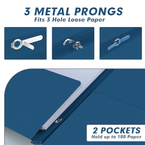 Two Pocket Folders, PANDRI 30 Pack Two Pocket Folders with Prongs, 3 Prong Folders Designed for Office and Classroom, Letter Size Darkblue