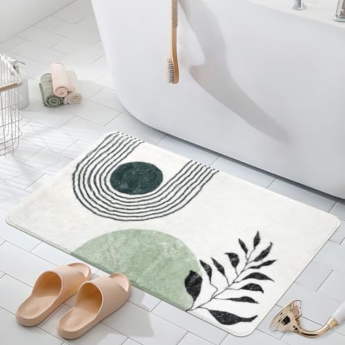 APROPHIC 17"X24" Boho Bath Rugs for Bathroom Decor Non-Slip Bath Mat Absorbent Plush Microfiber Soft Carpet Machine Washable Bath Mat for Sink, Showers, Laundry Rooms, Living Room, Green