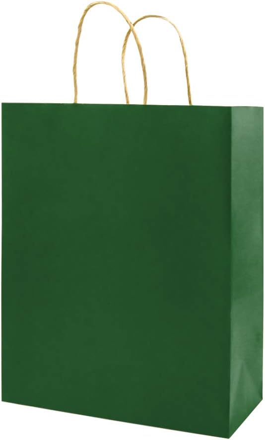 bagmad 100 Pack 5.25x3.25x8 inch Small Green Kraft Paper Bags with Handles Bulk, Gift Bags, Craft Grocery Shopping Retail Party Favors Wedding Business Sacks (Dark Green, 100pcs)
