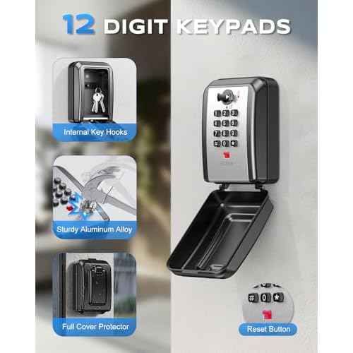Wall Safe Key Lock Box, 12 Digit Combination Lock Box for Keys with Resttable Code, Large Capacity & Weatherproof Outdoor Lockbox, Spare Key Safe Storage Lock Box for Home, Office, Garage