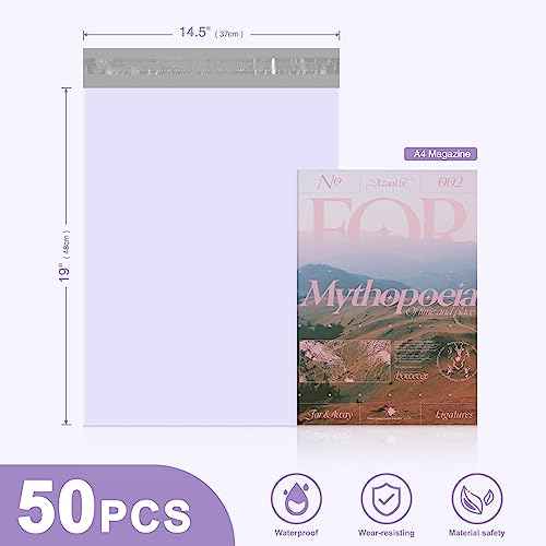 Metronic Large Poly Mailers 14.5x19 50PC, Waterproof Shipping Bags for Clothing, Tear-resistant Mailers Poly Bags for Small Business Suppliers, Strong Ahensive Self Seal Mailing Bags in Lilac Purple