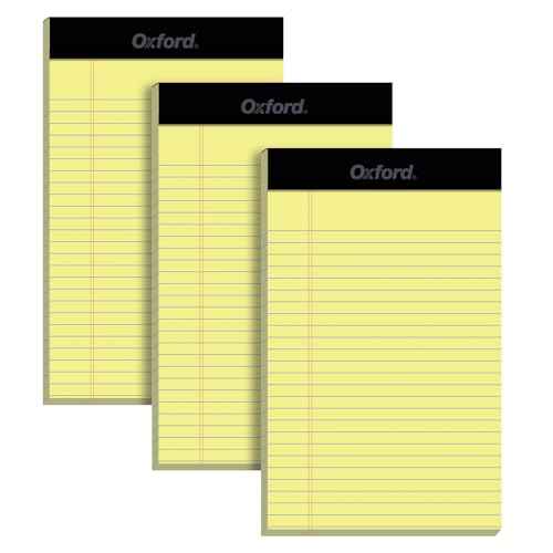 Oxford 5 x 8 Inch Legal Pads, 3 Pack, Narrow Ruled on Both Sides, Canary Yellow Paper, 50 Perforated Sheets Per Writing Pad, Proudly Made in the USA (1017033)