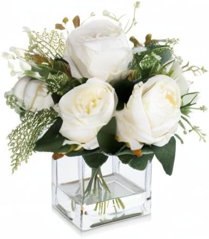 ENOVA FLORAL Artificial Flower Arrangement with Vase,Mixed Artificial Fake Silk Peony Flower in Vase for Decoration Home Office, Wedding Centerpiece (Cream)