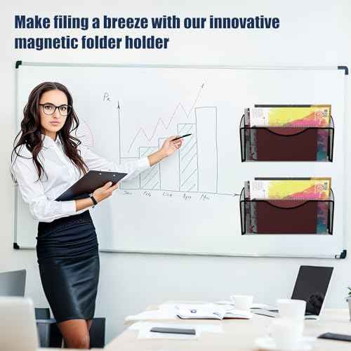 Magnetic File Holder 2 Pockets File Folder Organizer, Office Hanging Magazine Rack for Refrigerator, White Board, No Drilling Paper Document Holder Mail Organizer for File Cabinets
