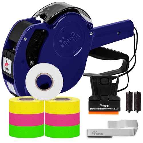Perco Lite 1 Line Price Gun Kit - Includes 2 Rolls Each of Yellow, Fluorescent Green & Fluorescent Pink Labels, 1 Roll of White Labels (Preloaded), 1 Scraper, 2 Ink Rollers (1 Preloaded) & 1 Gun Clip