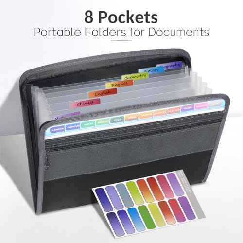 Sooez Accordion File Organizer with Safe Zipper, 8 Pocket Expanding File Folder with Front Pencil Pouch, Portable Monthly Paper Bill Tax Receipt Organizer, School Office Supplies, Letter Size, Grey