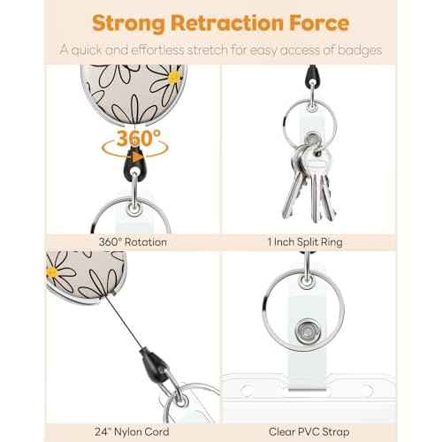 Uniclife Floral Retractable Badge Reel for Badge Holder White Flower Heavy Duty Retractable Keychain Strong ABS Casing with Stainless Steel Spring Coil 24 Inch Nylon Rope Carabiner Clip and Key Ring