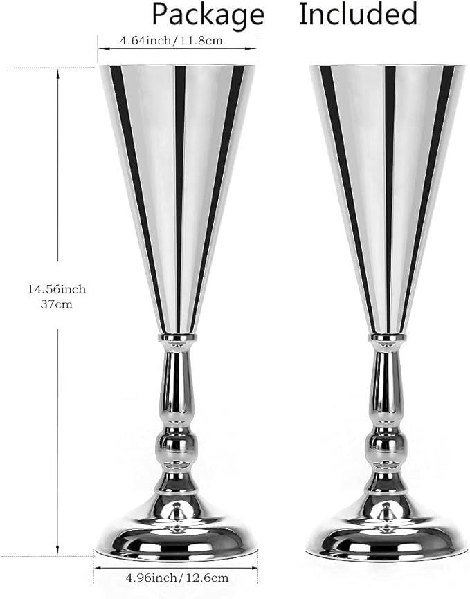 Set of 2 Tabletop Metal Wedding Flower Trumpet Vase Wedding Centerpiece Flower Vase for Wedding Event Decoration Living Decor Party Decor (Silver, 2×M)