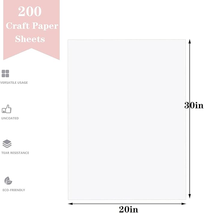 20”x 30”Kraft Paper Sheets Bulk White Paper, Large Craft Paper for Arts, Drawing, DIY Projects, White Wrapping for Gift Shipping Packaging 200 Sheets