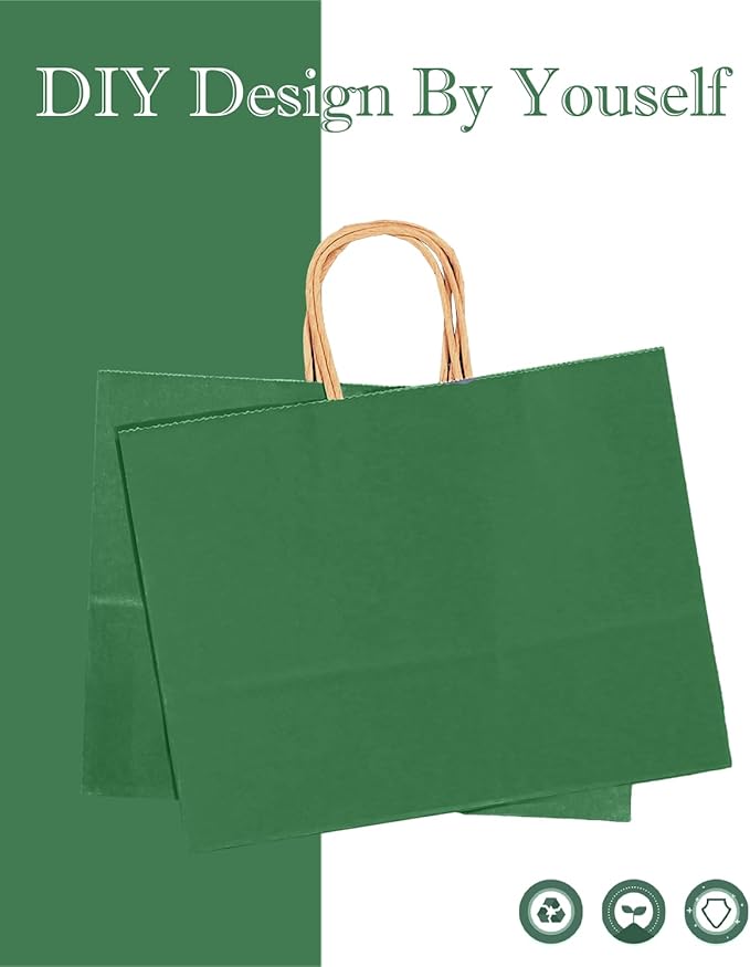 qiqee 13"x4.5"x10" Large Gift Bag with Handles Bulk 32PCS Gift Paper Bags Deep Green Bags Multiple Uses (Wide Large)