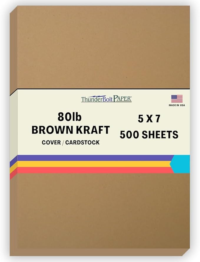 500 Brown Kraft Fiber 80# Cover Paper Sheets - 5 X 7 Inches Photo|Card|Frame Size - Rich Earthy Color with Natural Fibers - 80lb/Pound Cardstock - Smooth Finish