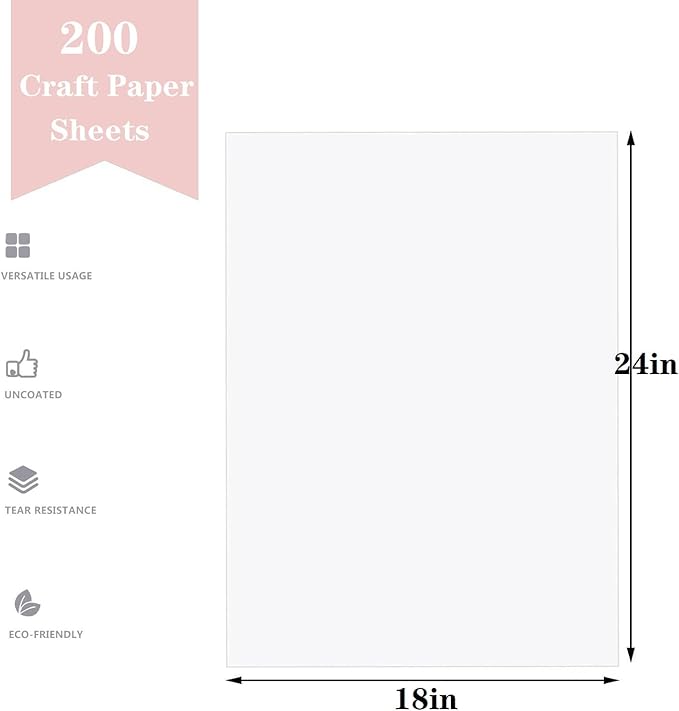 18”x 24”Kraft Paper Sheets Bulk White Paper, Large Craft Paper for Arts, Drawing, DIY Projects, White Wrapping for Gift Shipping Packaging 200 Sheets