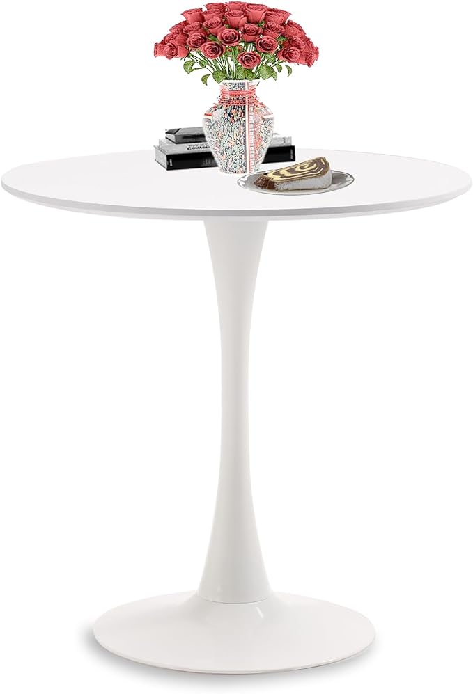 Round Dining Table, 27.6" Small Tulip Kitchen Round Dinner Table for 1-2 People with Metal Pedestal Base and MDF Tables Top Mid-Century Tables for Dining Room, Cafe, Kitchen, White