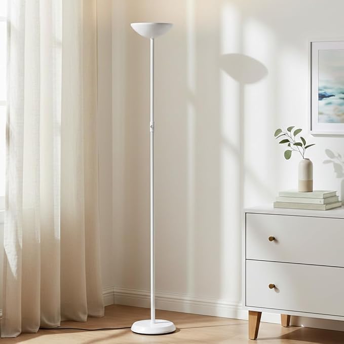 Brightech SkyLite LED Floor lamp, Torchiere Super Bright Floor Lamp for Living Rooms & Offices - 3 Way Dimmable Tall Torch Lamp, High Lumen Standing Pole Lamp for Bedroom Reading - White