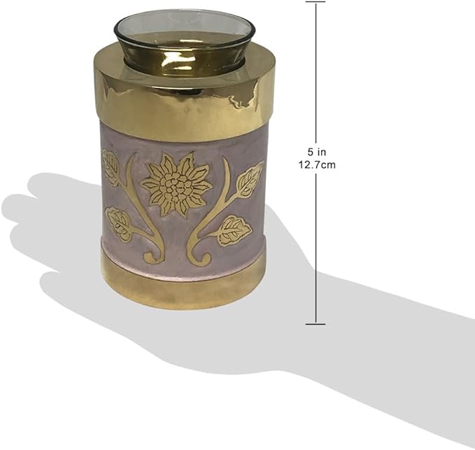 Pink Garden Brass Tealight Cremation Urn | Unique Brass Funeral Urn with Gold & Pink Enamel Details | Tealight