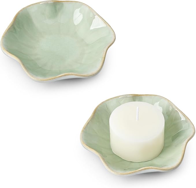 Koythin 2-Piece Ceramic Candle Holder, Aesthetics Candlestick Holders for Tea Lights, Lotus Leaf Shape Candle Stand for Mantle Table, Adorable Vintage Decor for Weddings Dining (Light Green)