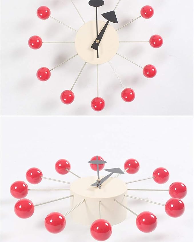 SHISEDECO Mid Century Painted Solid Wood Non Ticking Decorative Modern Silent Wall Clocks Retro Design for Home, Kitchen, Living Room, Office etc.,(Ball Clock in Red)