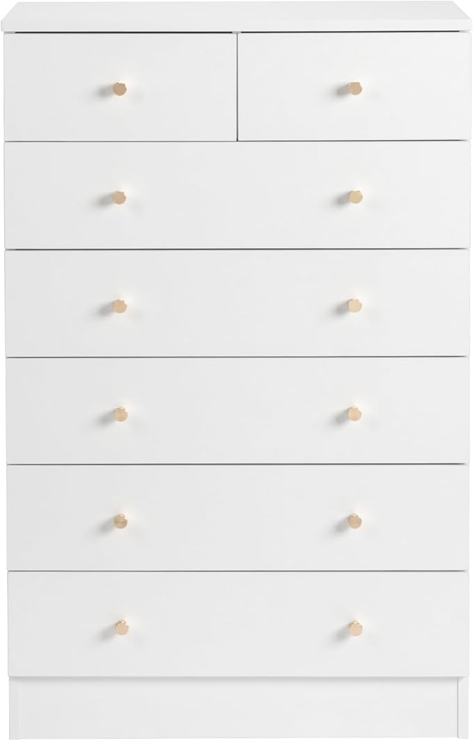 Karl home White 7 Drawer Dresser for Bedroom, Tall Dresser Chest of Drawers, Wood Bedroom Dressers Clothes Organizer, Anti-Tipping Device, Rose Gold Metal Handle, Living Room, Entryway, Office