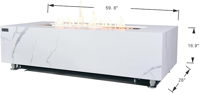 Elementi+ | Bundle Carrara Gas Fire Pit | Marble Porcelain & Metal Frame | 60" Rectangular Fire Table | Electronic Ignition | Canvas Cover, Fire Glass & Burner Lid Included | White | Natural Gas