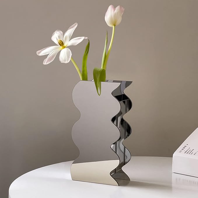 Modern Wavy Acrylic Flower Vase, Mirror Effect Design, Silver, Decorative Home Office Centerpiece, 7.9x4.1x2 Inch
