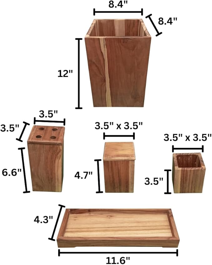 EcoDecors, Eleganto, 8 Piece, Teak Wood Bathroom Amenities Set, Teak Bath Amenity Set, Bathroom Accessory, in Natural Color