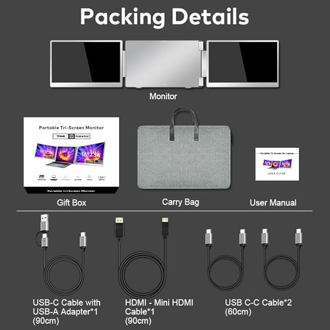 Smartlinx 16" Laptop Screen Extender Triple Display - 2560x1600P QHD Portable Monitor, USB C Detachable Plug & Play Extender for 12" -17" Laptops - Compatible with Windows/Android/PS4/MacBook