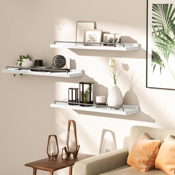 RYOFOBETTO 22 inches Long Floating Shelves, Bathroom Decor Shelves Over Toilet, Farmhouse Wall Shelves for Living Room, Bedroom, Picture Frames, Plants, Kitchen, Set of 3 (White and Grey)