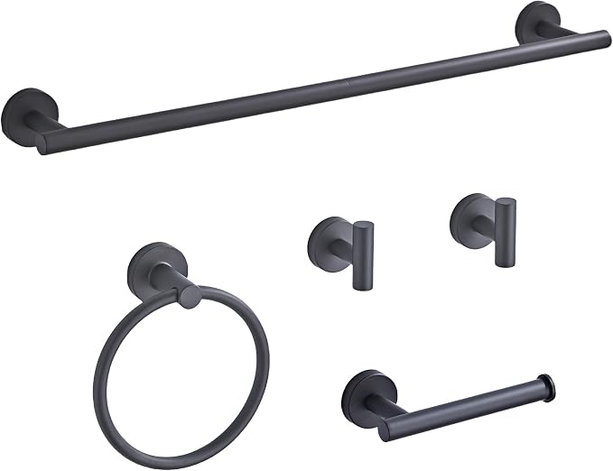 Matte Black Bathroom Hardware Set 5 Piece with Towel Racks for Bathroom, SUS304 Stainless Steel Bath Towel Bar Set, 24 Inch Wall Mounted Accessories Kit…