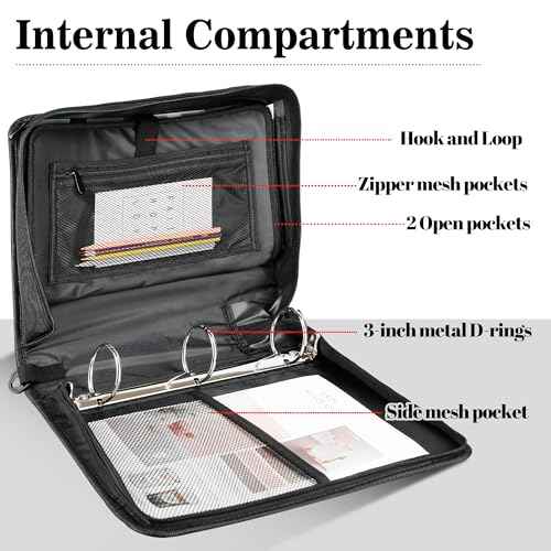 Zzrywuty Zipper Binder, 3 Inch 3-Ring Binder with Zipper, Expanding Folders and Shoulder Straps & Handles, 3" O-Rings with Multiple Pockets£¨for 13" MacBook and Tablet£© for Middle School- Black