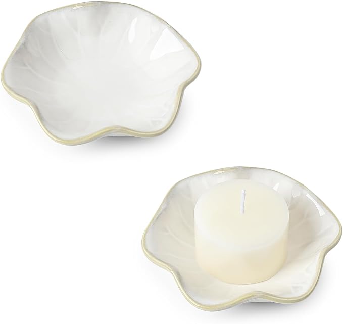 Koythin 2-Piece Ceramic Candle Holder, Aesthetics Candlestick Holders for Tea Lights, Lotus Leaf Shape Candle Stand for Mantle Table, Adorable Vintage Decor for Weddings Dining (Milky White)