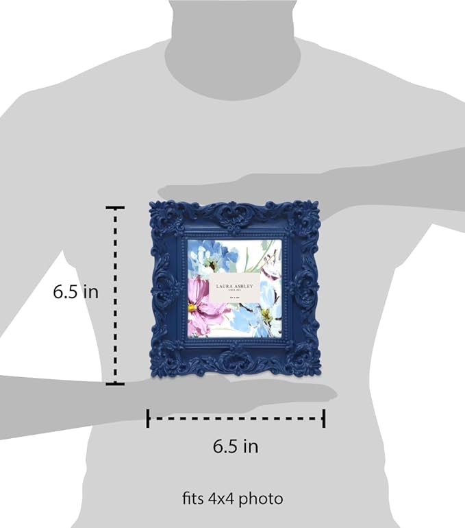 Laura Ashley Ornate Textured Hand-Crafted Resin Picture Frame with Easel & Hook for Tabletop & Wall Display, Decorative Floral Design Home Décor, Photo Gallery, Art, More (4x4, Navy)