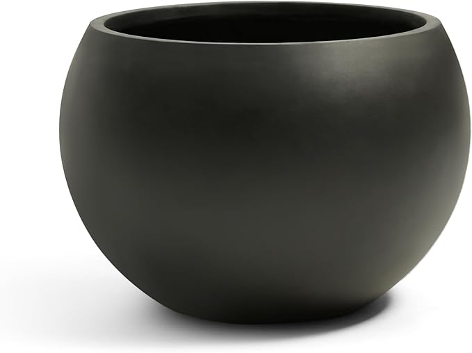 Fiberstone Sphere Planter, Black 15.8" Dia Round Flower Pot with Drainage Hole and Removable Plug, Round Plant Pot for Indoor Outdoor Use, 11.8" Opening-10.9" H, Medium