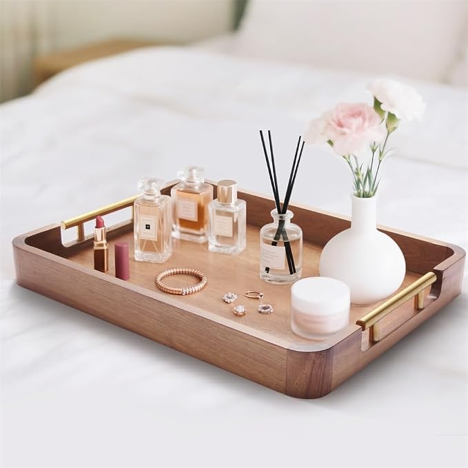 Acacia Wood Serving Tray with Handles, 17x13 Inch Ottoman Tray for Coffee Table,Candle Display,Breakfast in Bed, Large Wooden Decorative Tray with Non-Slip Pads, for Kitchen, Dining, Home Decor