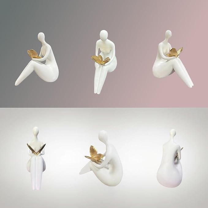 Lescafita White Abstract Sitting Figurine with Gold Butterfly – Modern Shelf Sitter Sculpture for Home Decor, Minimalist Statue, Elegant Desk Ornament for Living Room, Office & Bookshelf Decoration