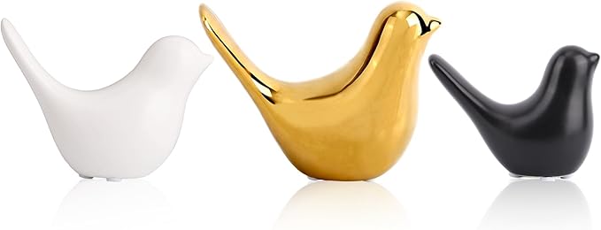 3pcs Mid-Century Modern Ceramic Bird Figurines, Gold White & Black Colored Ceramic Birds Mcm Medieval Decor Decorative Decoration for Home Office Desk Bookshelf Mantel Small Shelf Tabletop Centerpiece